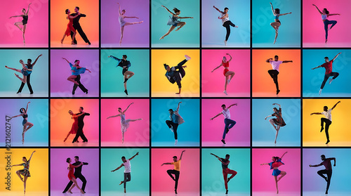 Collage of diverse dancers in dynamic poses against vibrant gradient backgrounds ballet ballroom