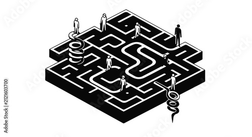 Businesspeople navigate a complex maze to find professional success and growth.