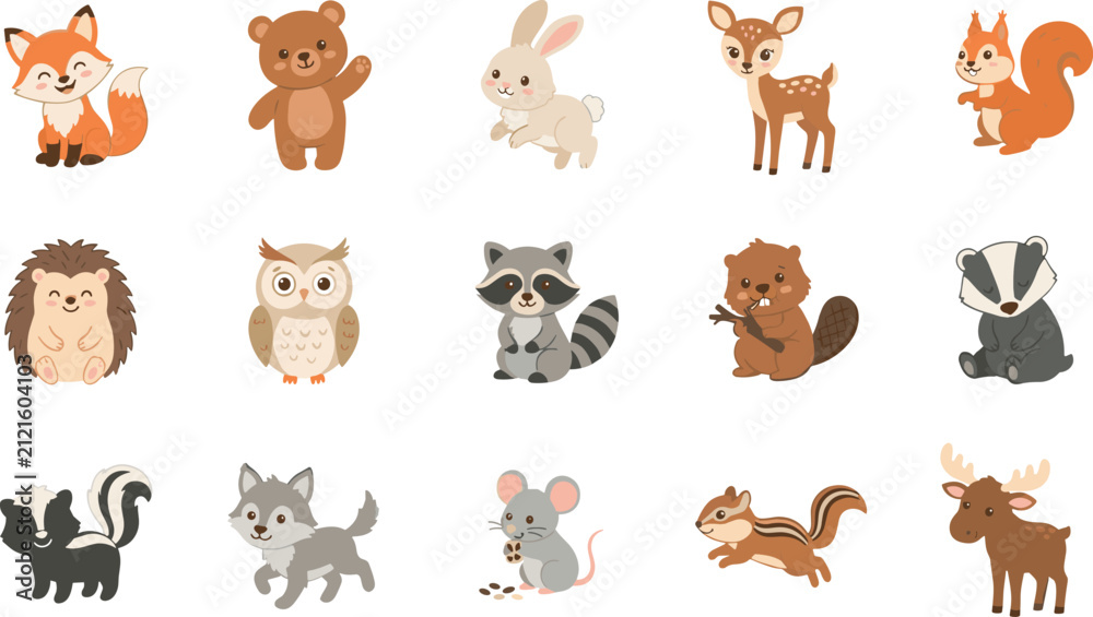 Fototapeta premium Cute Woodland Forest Animal Vector Set with Flat Wild Wildlife Mammals and Owls for Children Nursery Wall Art Designs