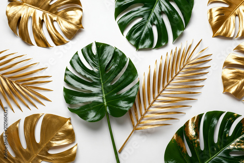 Green and Gold Tropical Leaf Flat Lay