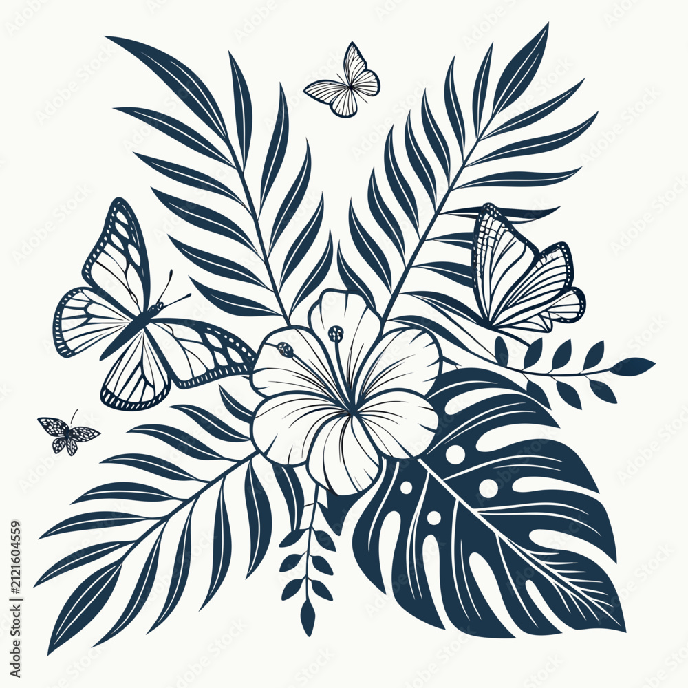 Fototapeta premium Tropical floral composition with butterflies and exotic leaves hibiscus butterfly tropical