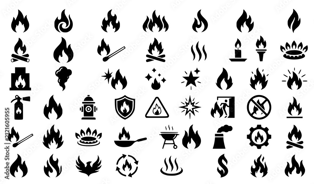 Obraz premium Modern Flame Icon Collection Black Fire and Heat Symbols Vector Isolated on White