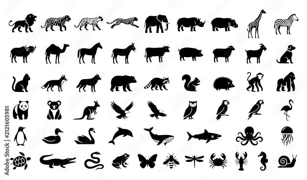 Fototapeta premium Minimal Animal Icons Vector Set Black Wildlife Collection on White Background