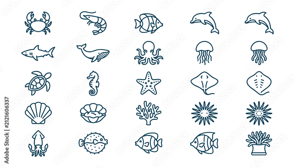 Fototapeta premium Marine Animals Icon Set with Hand Drawn Ocean Creatures, Fish, Shells, Coral, Dolphins and Aquatic Wildlife