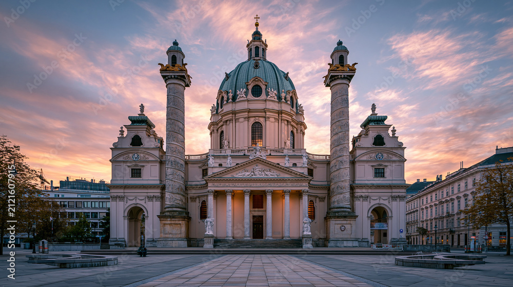 Obraz premium Majestic Karlskirche Dome and Columns Bathed in Soft Morning Light