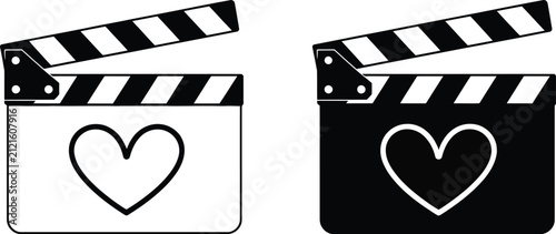Film clapperboard with heart symbol vector illustration, representing movie love, romance, cinema, filmmaking, entertainment, and creative storytelling with a modern scalable design for branding.