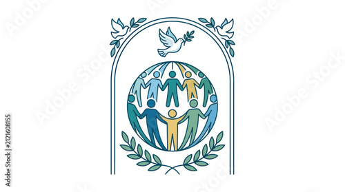 Global Unity and Peace Symbol: Diverse People Holding Hands Around Earth, Dove of Peace