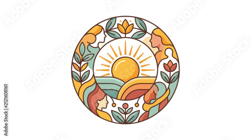 Feminine Circle Emblem with Sun, Waves, and Floral Elements