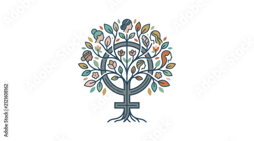 Feminine Tree of Life: Diversity of Women's Faces and Symbol