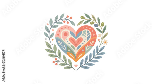 Folk Art Heart Wreath with Olive Branches and Berries, Scandinavian Style