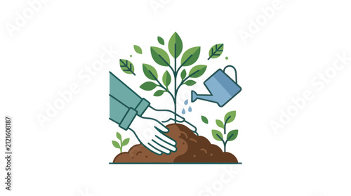 Gardener planting a seedling, watering plant, growing tree, environmental concept illustration