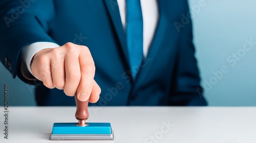 Professional business person stamping document for legal approval and verification process in corporate office environment setting