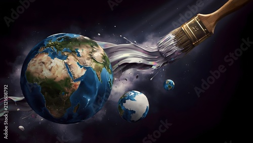 Gigantic artist brush painting floating worlds continents and oceans into existence