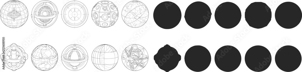 Foto WebSet of technical spherical wireframe blueprint designs and solid black vector