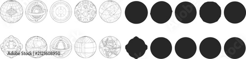 Obraz na płótnie WebSet of technical spherical wireframe blueprint designs and solid black vector