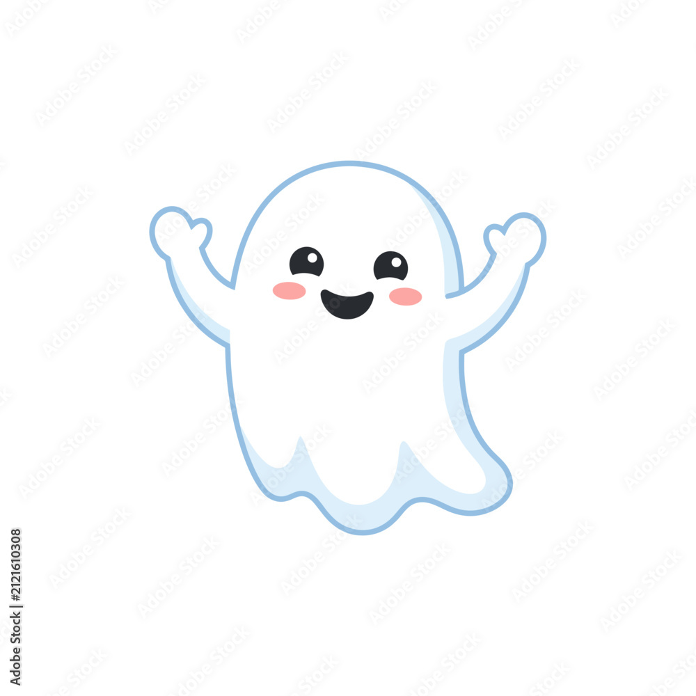 Obraz premium Cute ghost character with happy face, friendly Halloween spirit vector illustration, kawaii spooky phantom with pink cheeks and raised arms isolated on White Background halloween