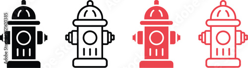 Fire hydrant icon set, featuring water hydrant silhouettes and emergency safety symbols with clean black vector graphics, perfect for fire protection, public safety signage, municipal infrastructure.