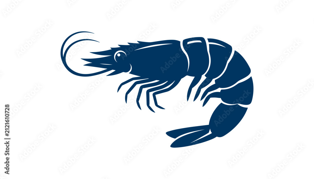 Fototapeta premium Shrimp Navy Blue Silhouette with Detailed Claws, Segmented Shell, Curved Tail, and Clean Aquatic Vector Styling