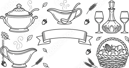 Принти на полотні Hand drawn Thanksgiving dinner element set line art with soup tureen gravy boat wine decanter basket and banner
