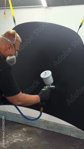 Professional auto painter applying matte black finish with spray gun