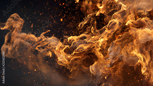 Fiery orange flames swirling with glowing particles against a dark abstract background texture with dynamic explosion golden swirling smoke filled