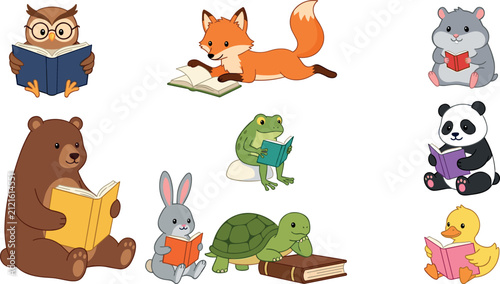 Photography Cute Forest and Wild Animals Reading Books Vector Icon Set with Owl Fox Hamster