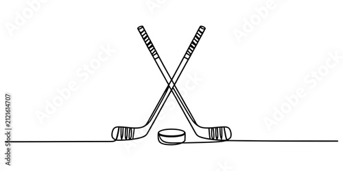 Canvas Print Continuous single line drawing of two crossed ice hockey sticks and a puck for s