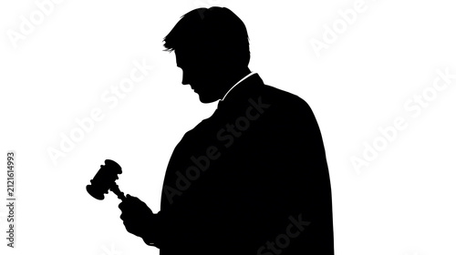 Silhouette of a judge holding a gavel in their hand, dressed in judicial robes. The image evokes a sense of authority and justice