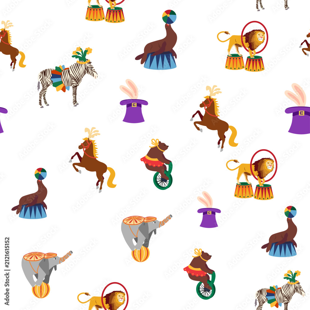 Obraz premium Seamless pattern with CIRCUS theme. lions, magic hat, hare in hat, holiday balloons tents. Circus characters. Cartoon flat style