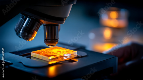 Scientific research using a professional laboratory microscope to examine a sample slide
