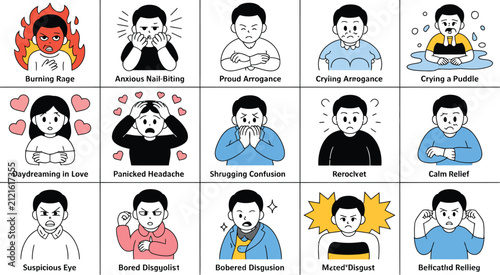 Human emotions and face expressions vector avatar set, featuring men and women characters displaying anger, anxiety, joy, sadness, confusion, surprise, and shock with clean modern illustrations .
