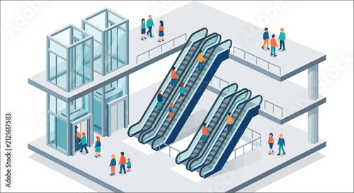 Escalators with people in a modern building a detailed vector illustration with a white background moving stairs stairway passengers