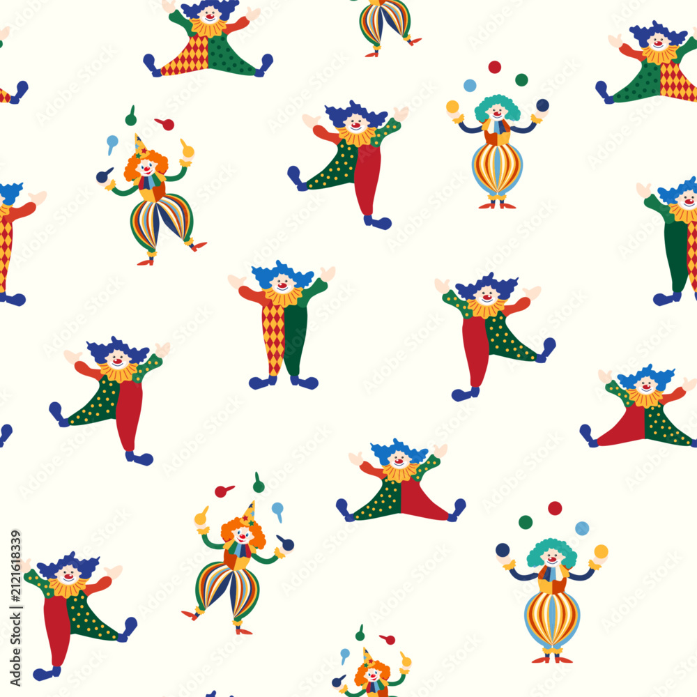 Fototapeta premium Seamless pattern with a CIRCUS theme. Circus clown character. Flat cartoon style