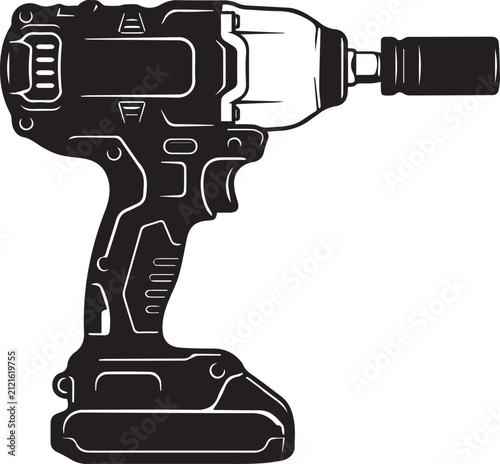 Foto Black silhouette of an impact wrench, powerful cordless power tool with socket, vector illustration isolated on grid background