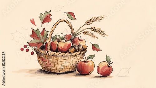 Watercolor illustration of autumn harvest basket filled with apples nuts wheat and leaves on neutral background