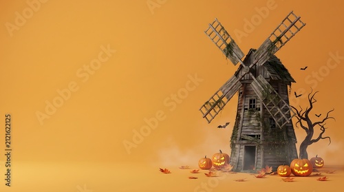 Old haunted wooden windmill surrounded by glowing jack o lanterns on vibrant orange fall background