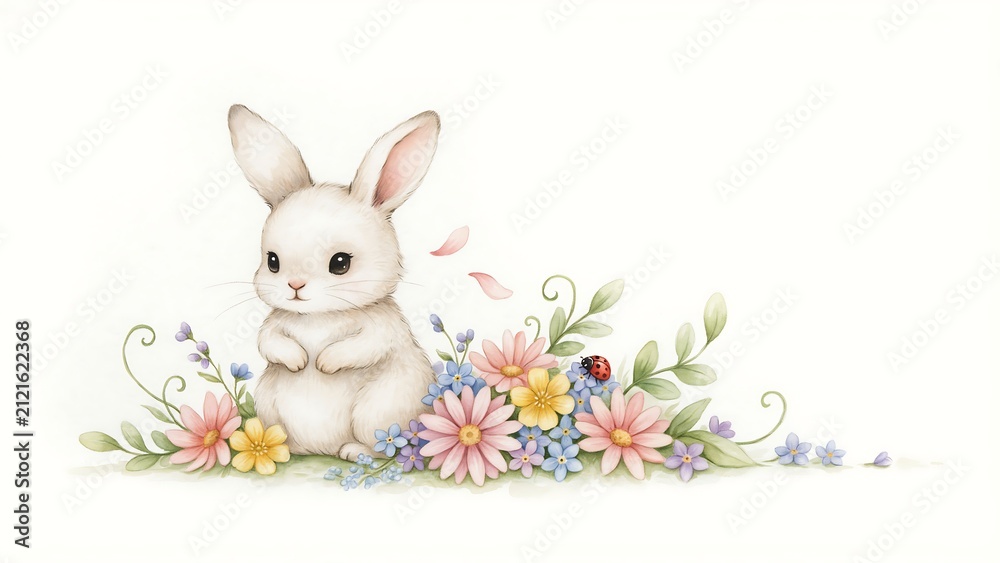 Fototapeta premium Cute white baby bunny sitting among colorful flowers and delicate petals in a whimsical garden scene