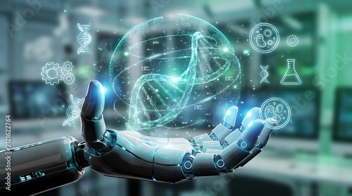 Advanced robotic hand presenting futuristic dna helix model with digital biological data interface hologram technology