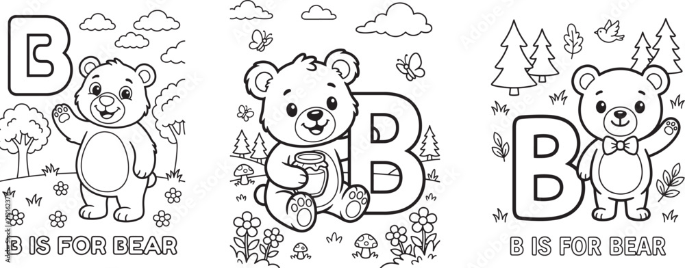 Fototapeta premium Adorable Black-and-White Line Art Educational Triptych Featuring Charming Bears Celebrating the Letter B in a Whimsical Forest Setting