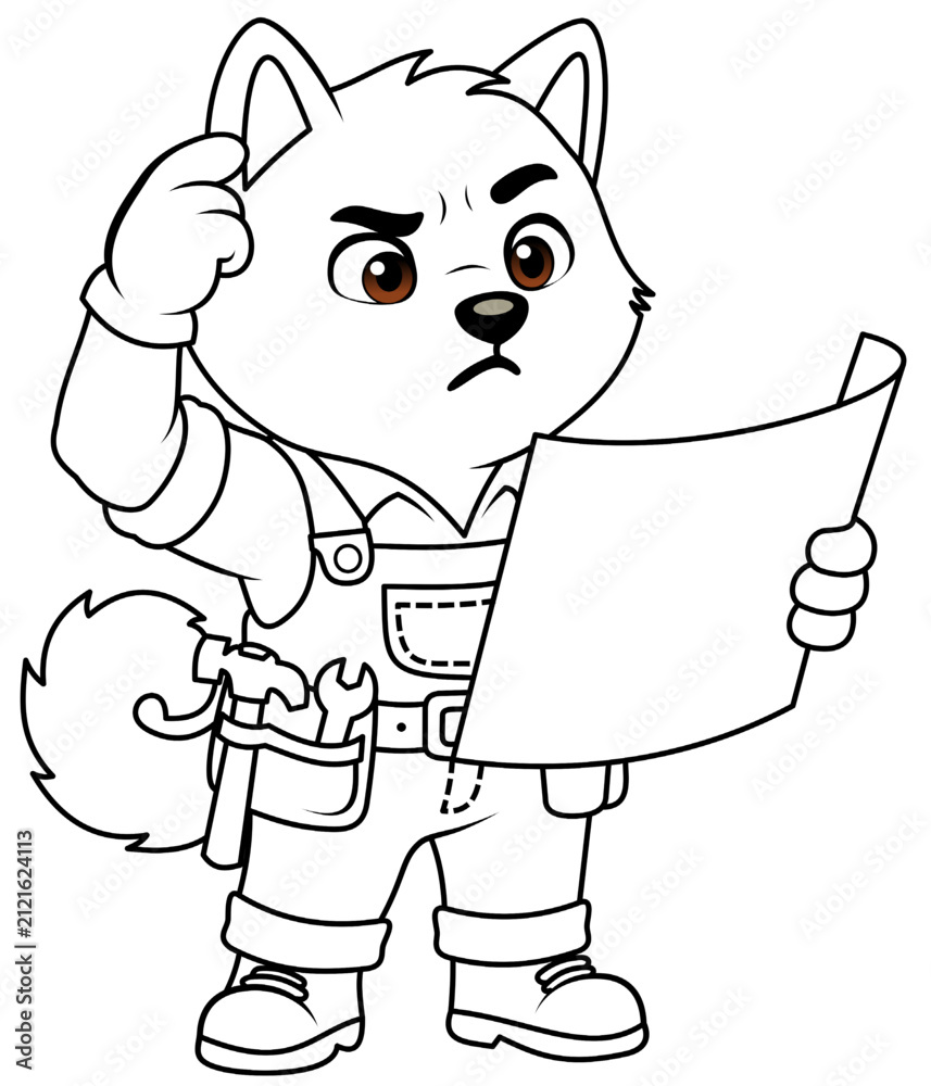 Obraz premium Builder dog mascot holding a blueprint, wearing hard hat and construction uniform, presented as clean black-white line art.