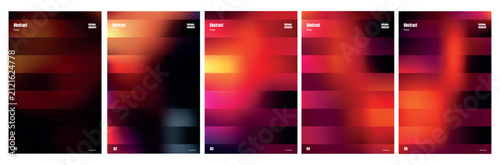 Set of abstract posters with blurred gradient backgrounds and horizontal stripes in vibrant red, orange, and purple colors