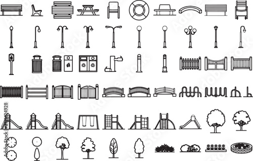 A collection of graphic icons representing various park and playground amenities, including benches, lamp posts, trash cans, play structures, and trees, presented in a clean.