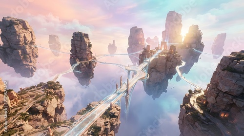 Futuristic floating sandstone slabs in glowing misty landscape. Abstract organic architecture with smooth curved symmetry for premium design projects.