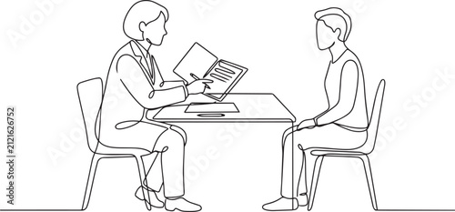 Doctor talking to a patient at a desk line art illustration