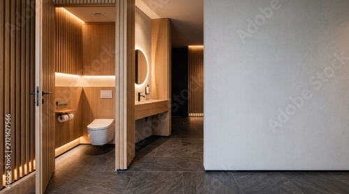 Modern Japanese luxury office restroom with wooden slats, warm ambient lighting, and copy space