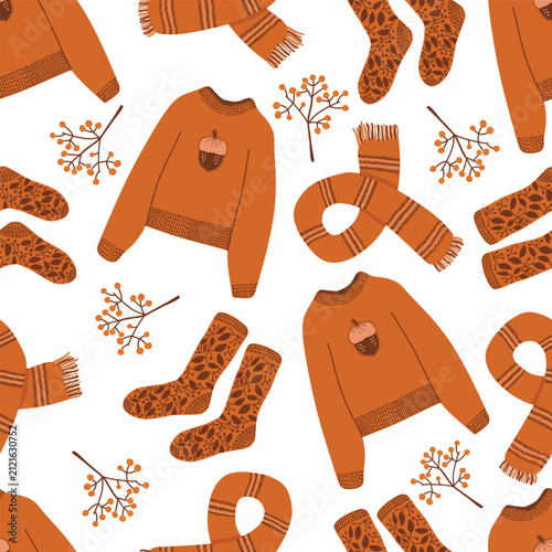 Hand Drawn Cozy Autumn Seamless Pattern with Orange Sweater, Warm Knit Scarf, Patterned Socks and Berries Branch Background
