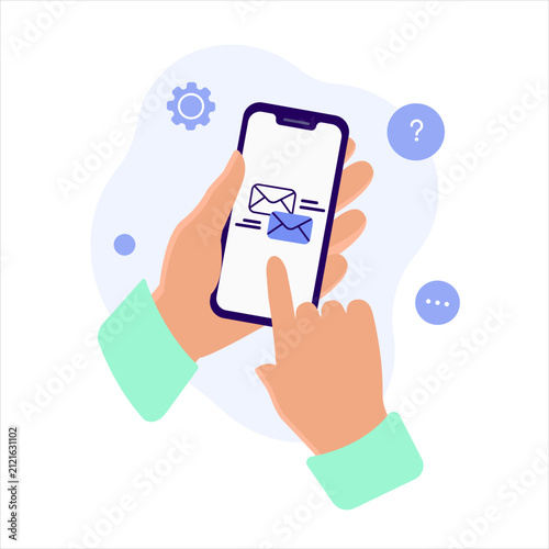 Image of a hand holding a smartphone and sending a message. Vector flat concept digital illustration. Sending messages.