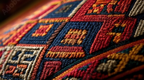 Intricate Textile Tapestry: A close-up view reveals the detailed weave and vibrant geometric patterns of an ornate textile tapestry, showcasing masterful craftsmanship.