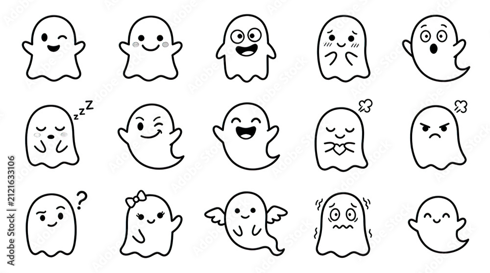Fototapeta premium Set of cute hand drawn ghost characters with various expressions isolated on transparent background