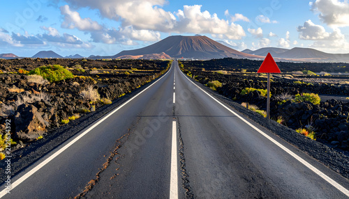 Scenic Desert Highway Leading to Distant Volcano Under a Cloudy Sky.